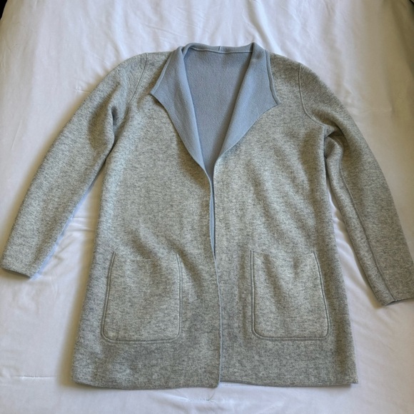 LOFT Reversible Blue & Gray Wool Blend Sweater Jacket Cardigan Coatigan Sz S - Picture 8 of 9
